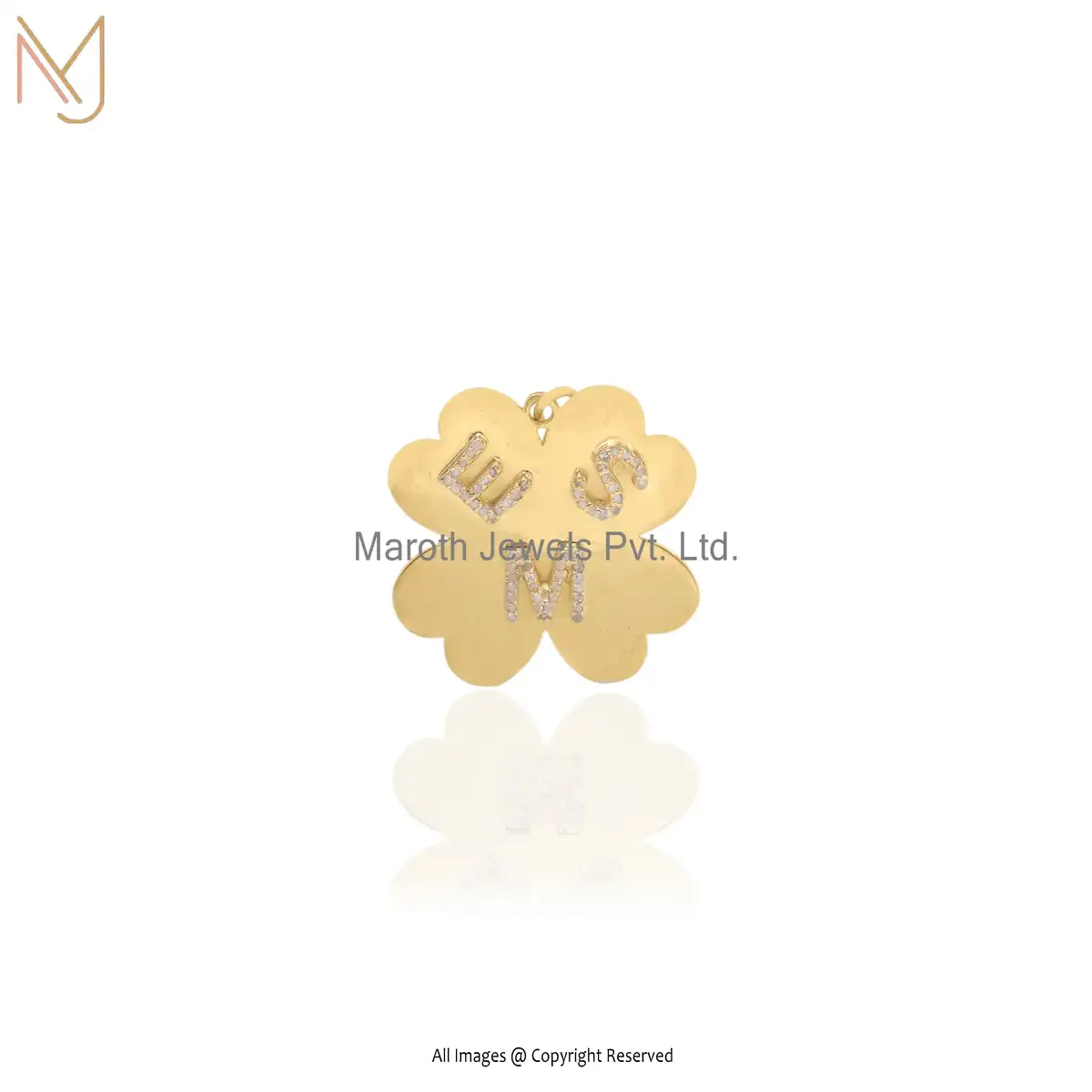 925 Silver Yellow Gold Pave Diamond Letter {E S M} Clover Pendant Jewelry Supplier