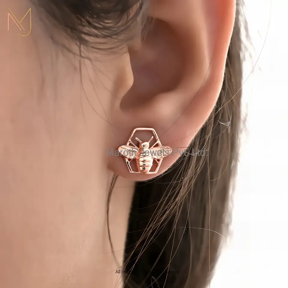 14K Rose Gold Honey Bee Stud Earring Custom Jewelry