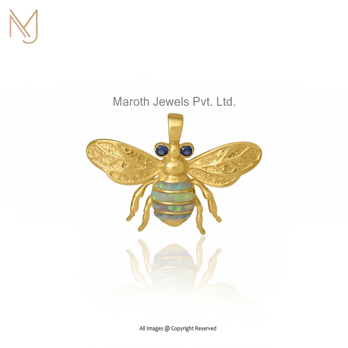 925 Silver Yellow Gold Plated Ethiopian Opal And Black Cubic Zircon Bee Gemstone Pendant USA