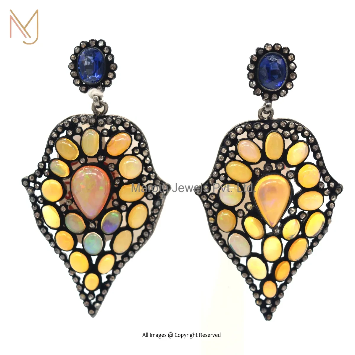 925 Silver Rhodium Plated Pave Diamond Opal Kyanite Gemstone Drop Earring Manufacturer