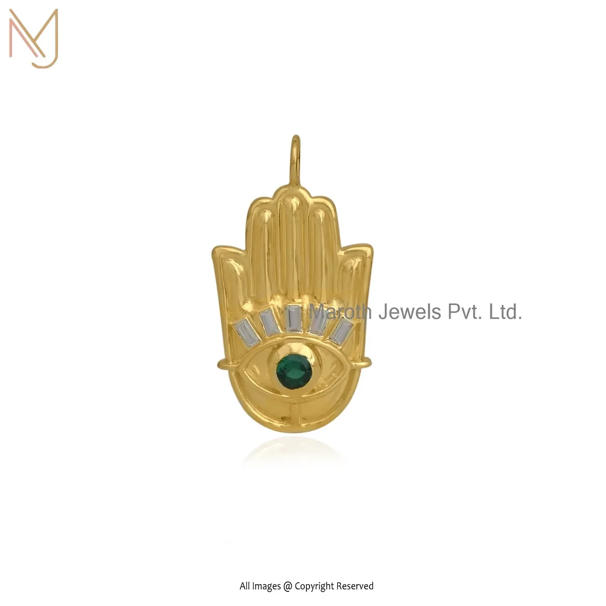 14K Yellow Gold Emerald Cubic Zircon & Baguette White Topaz Hamsa Pendant USA