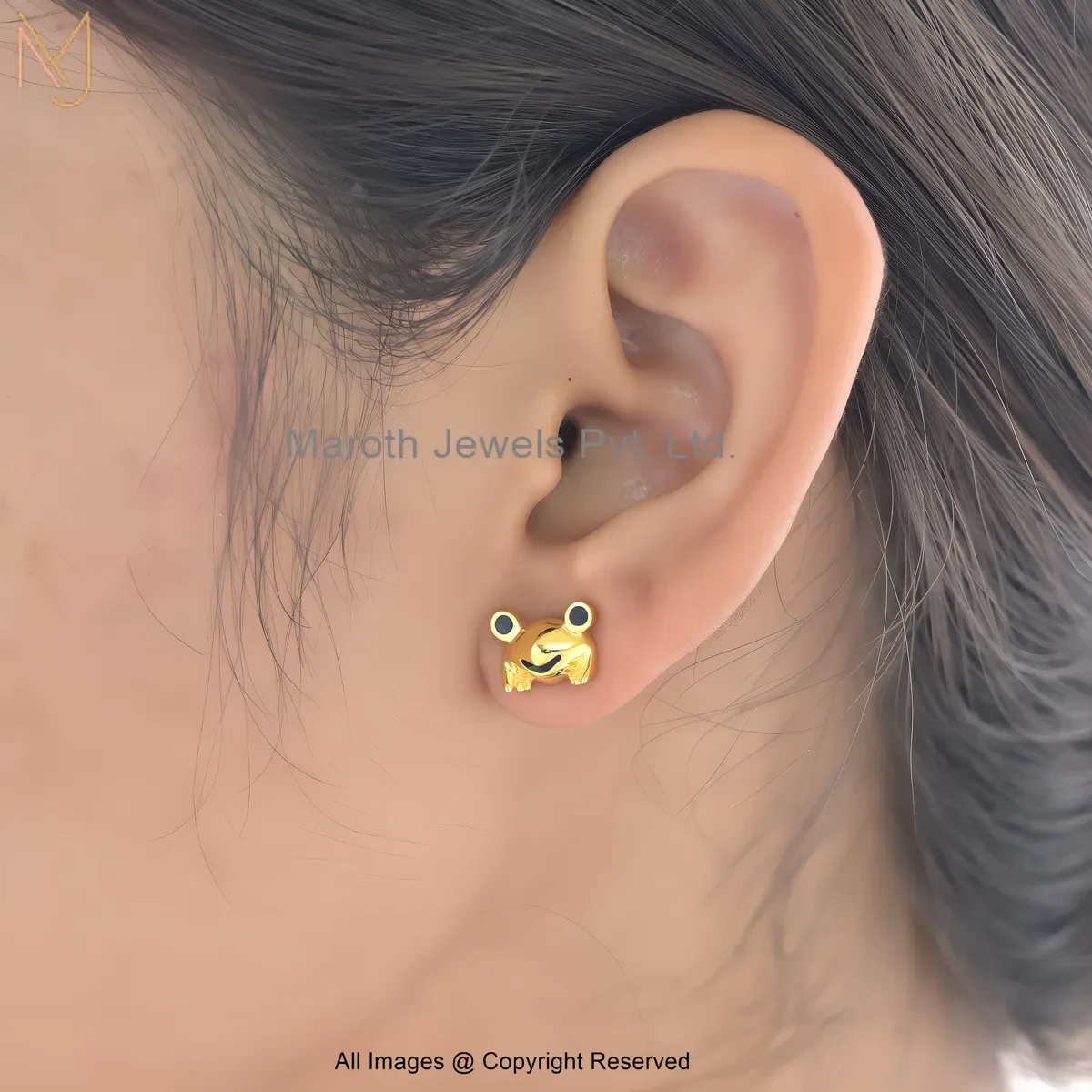 14K Yellow Gold Black Enamel Cute Frog Face Gold Stud Earrings Jewelry Supplier