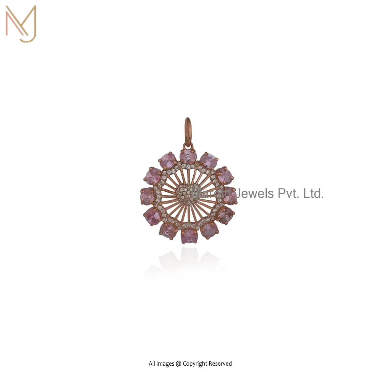 Wholesale 14K Rose Gold Cubic Zircon & Pink Sapphire Flower Charm Pendant