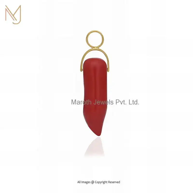 14K Yellow Gold Red Coral Horn Charm Pendant Custom Jewelry
