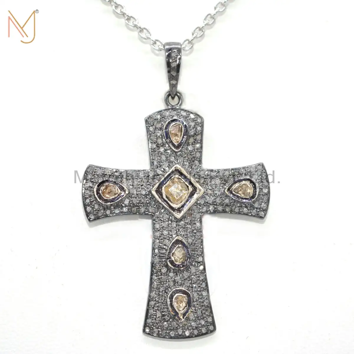 925 Silver Black Rhodium Pave Diamond Rose Cut Diamond Cross Pendant Custom Jewelry