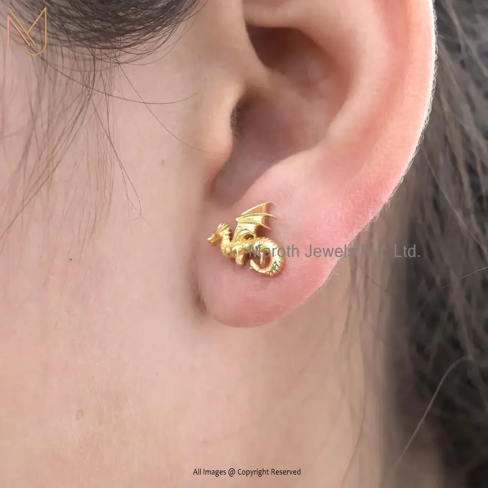 Wholesale 925 Silver Yellow Gold Flying Dragon 3D Studs Earring