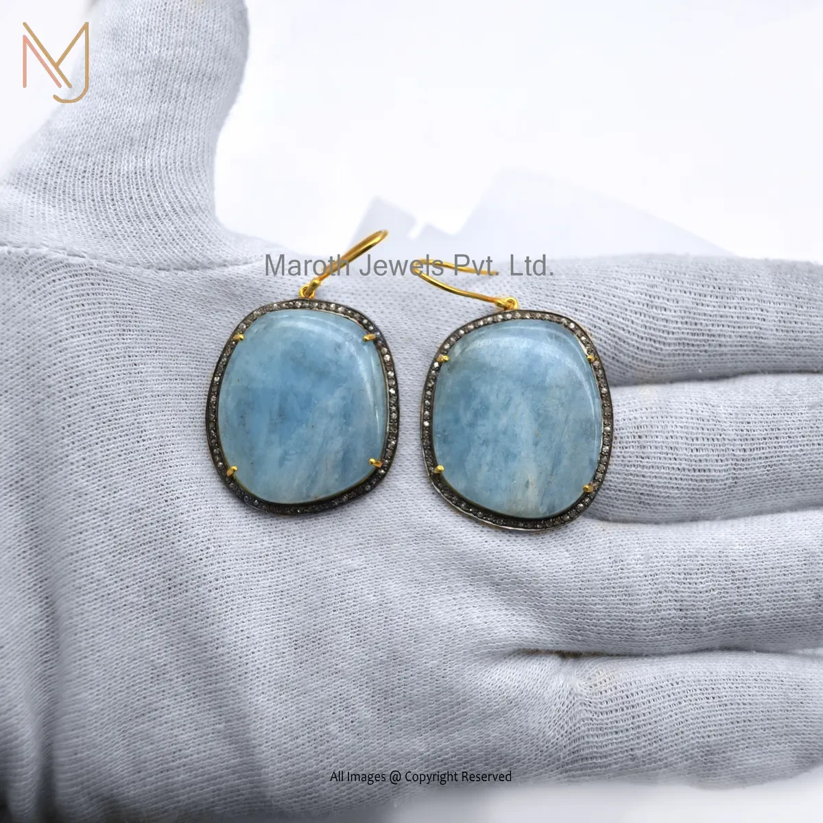 Wholesale 925 Silver Yellow Gold Plated Pave Diamond And Blue Chalcedony Gemstone Earring