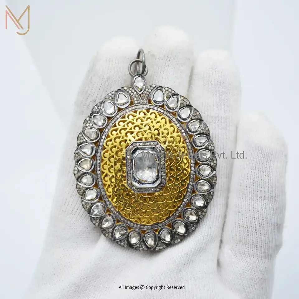 Custom 925 Silver Victorian Pave Rose Cut Diamond Pendant