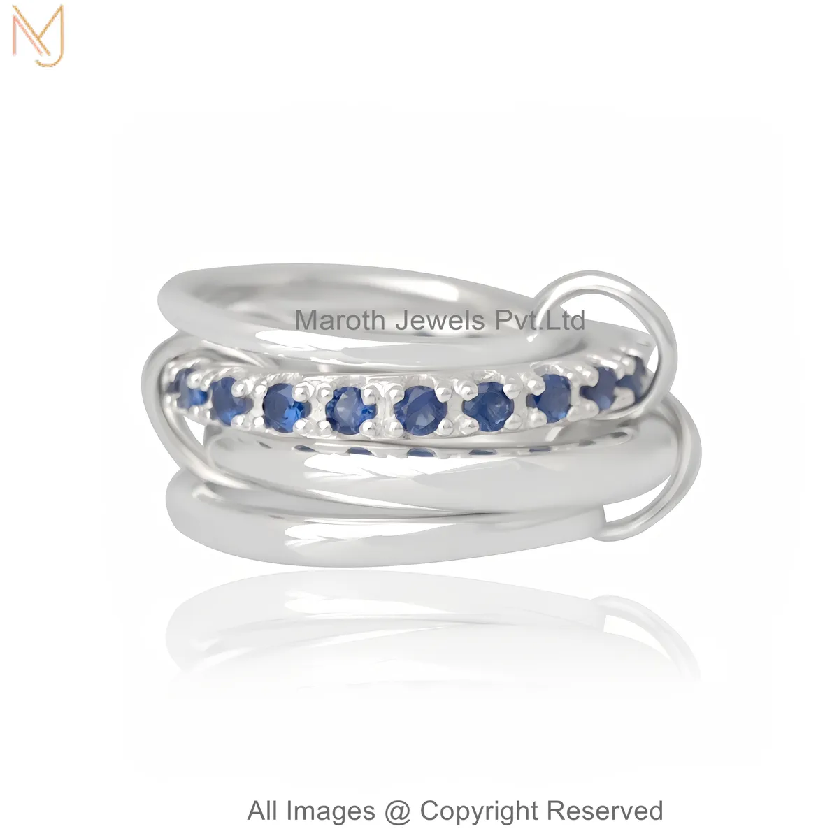 925 Silver Natural Silver Plated Diamond Blue Sapphire Gemstone Connector Band Ring Custom Jewelry