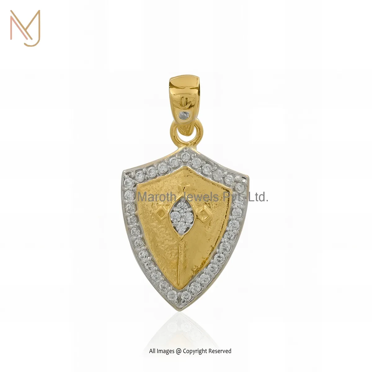 925 Sterling Silver Yellow & White Gold Plated Cubic Zircon Shield Charm Pendant Jewelry Supplier