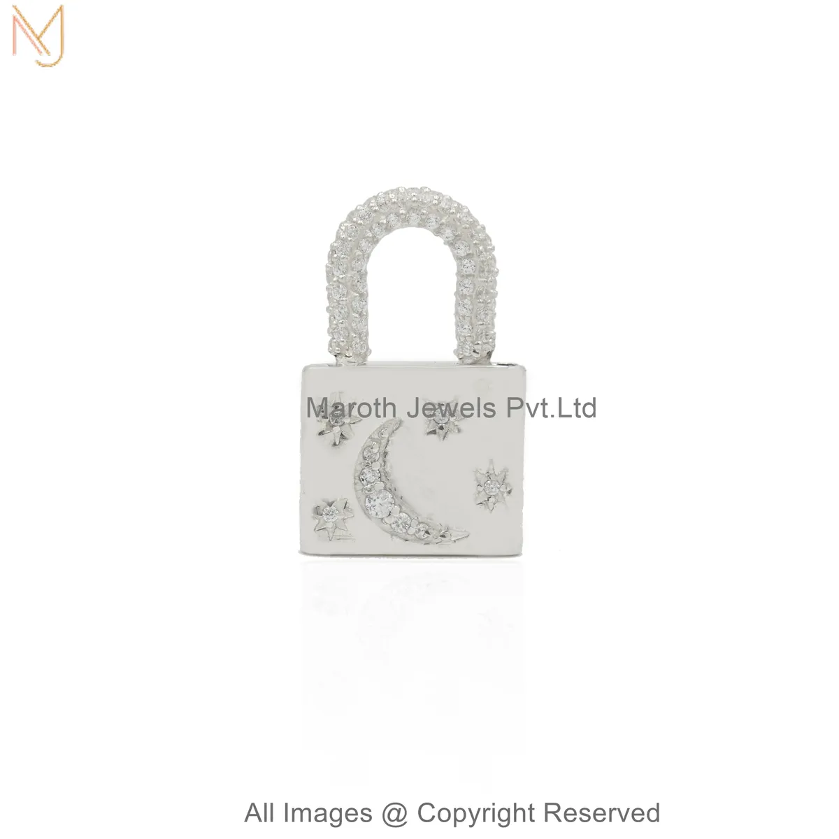Private Label 925 Silver Yellow Gold Plated Cubic Zircon Celestial Crescent Moon & Star Lock Charm Pendant