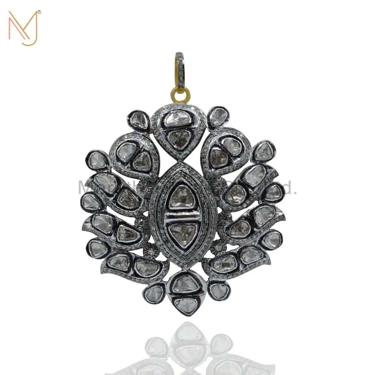 925 Silver Rhodium Designer Rose Cut Diamond Pendant Handmade Jewelry USA