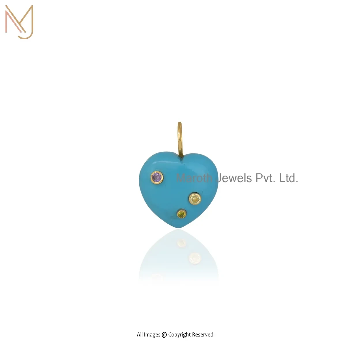 14K Yellow Gold Turquoise Multi Gemstone Heart Pendant Jewelry Supplier
