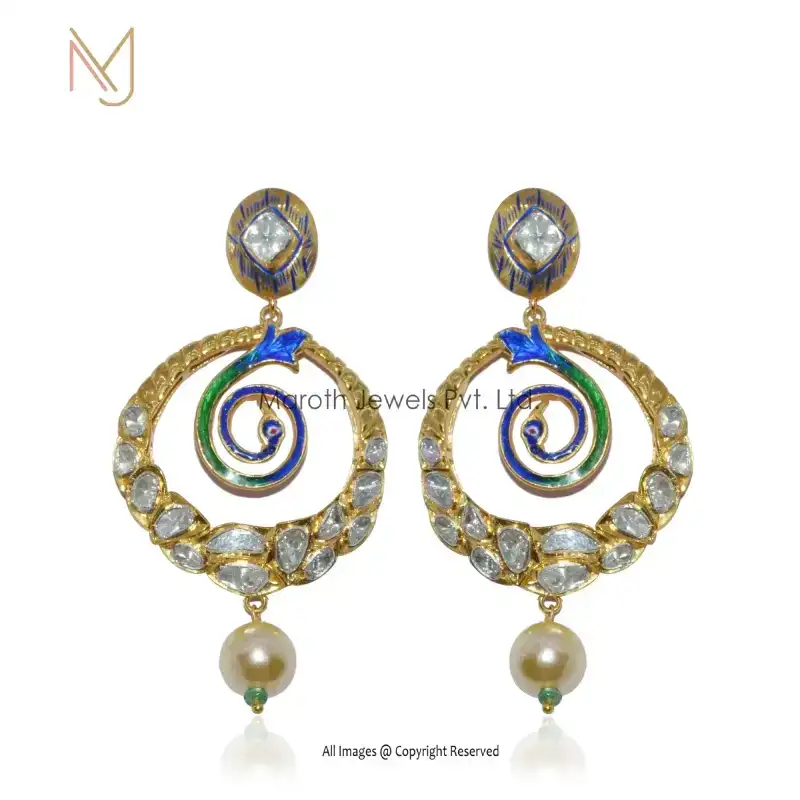 92.5 Silver Yellow Gold Plated Rose Cut Diamond Pearl Gemstone Beads Earrings Custom Jewelry