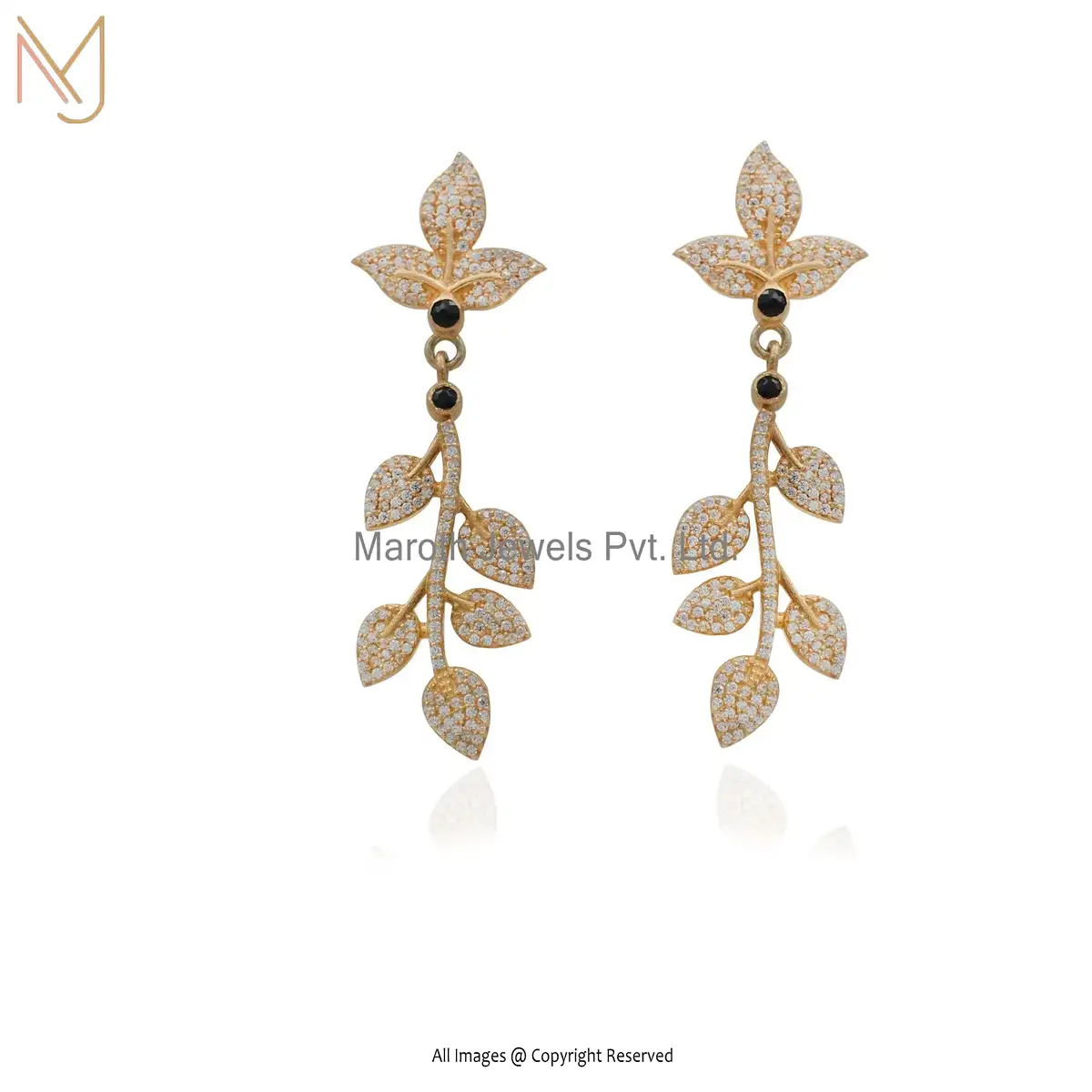 925 Silver Cubic Zircon Balck Spinel Leaf Design Earrings Custom Jewelry
