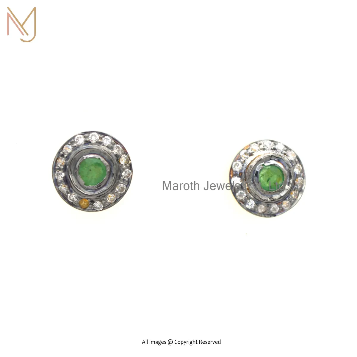 14K Yellow Gold Pave Diamond Emerald Disc Stud Earring Jewelry Supplier