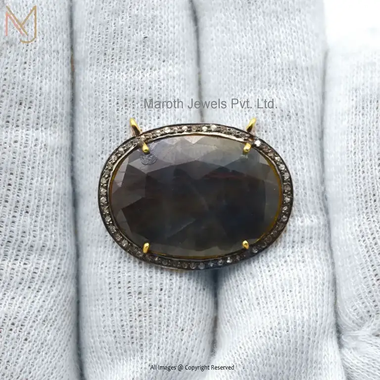 Private Lable 14K Yellow Gold Diamond And Labradorite Gemstone Pendant