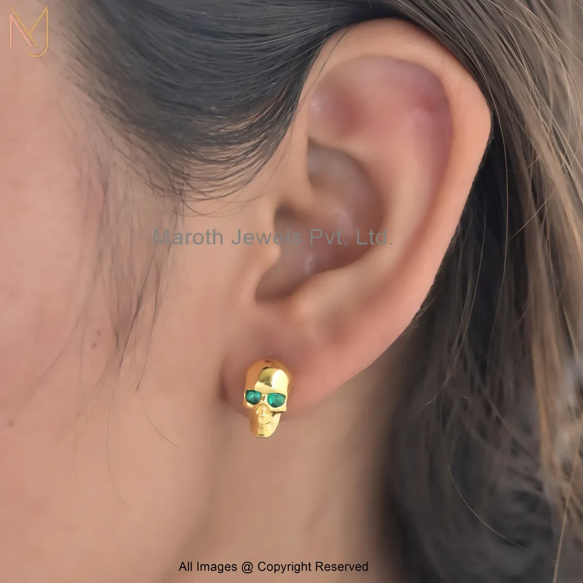 925 Silver Yellow Gold Plated Gemstone Skull Stud Earring Jewelry Supplier