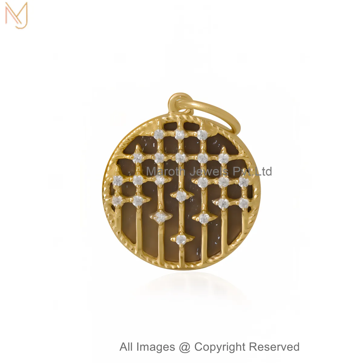 14K Yellow Gold Diamond CZ Gemstone Round Disc Pendant Jewelry Supplier