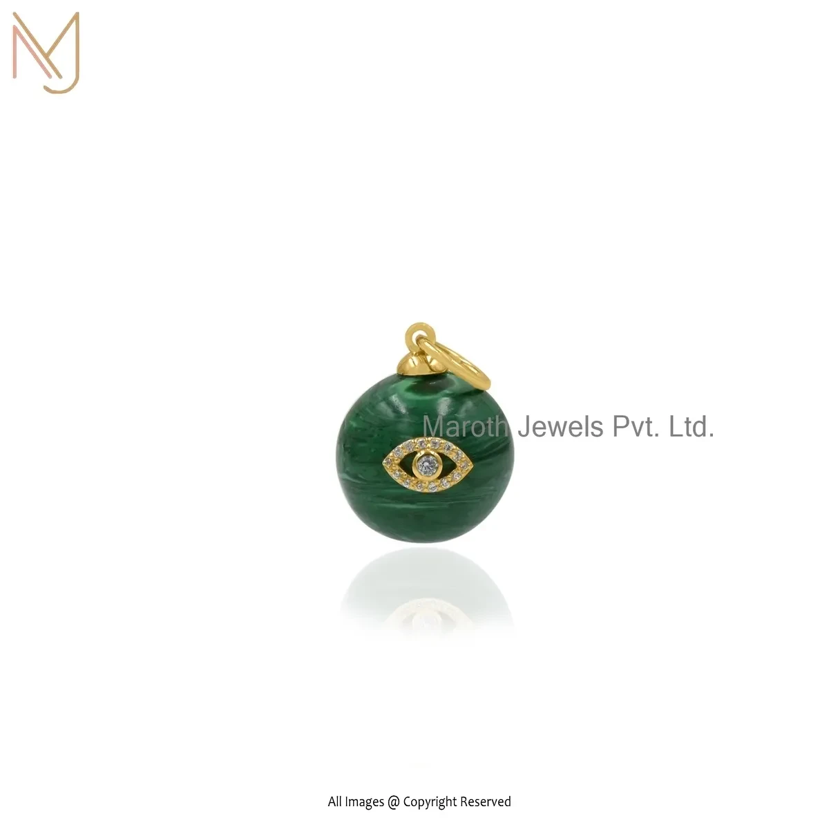 Wholesale 14K Yellow Gold Cubic Zircon & Malachite Gemstone Evil Eye Ball Pendant