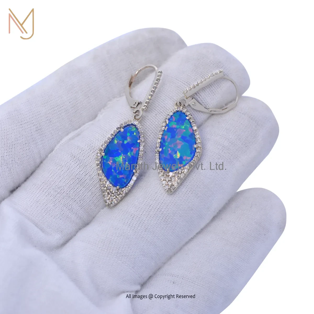 14K White Gold Pave Diamond Opal Gemstone Drop Earring Jewelry Supplier