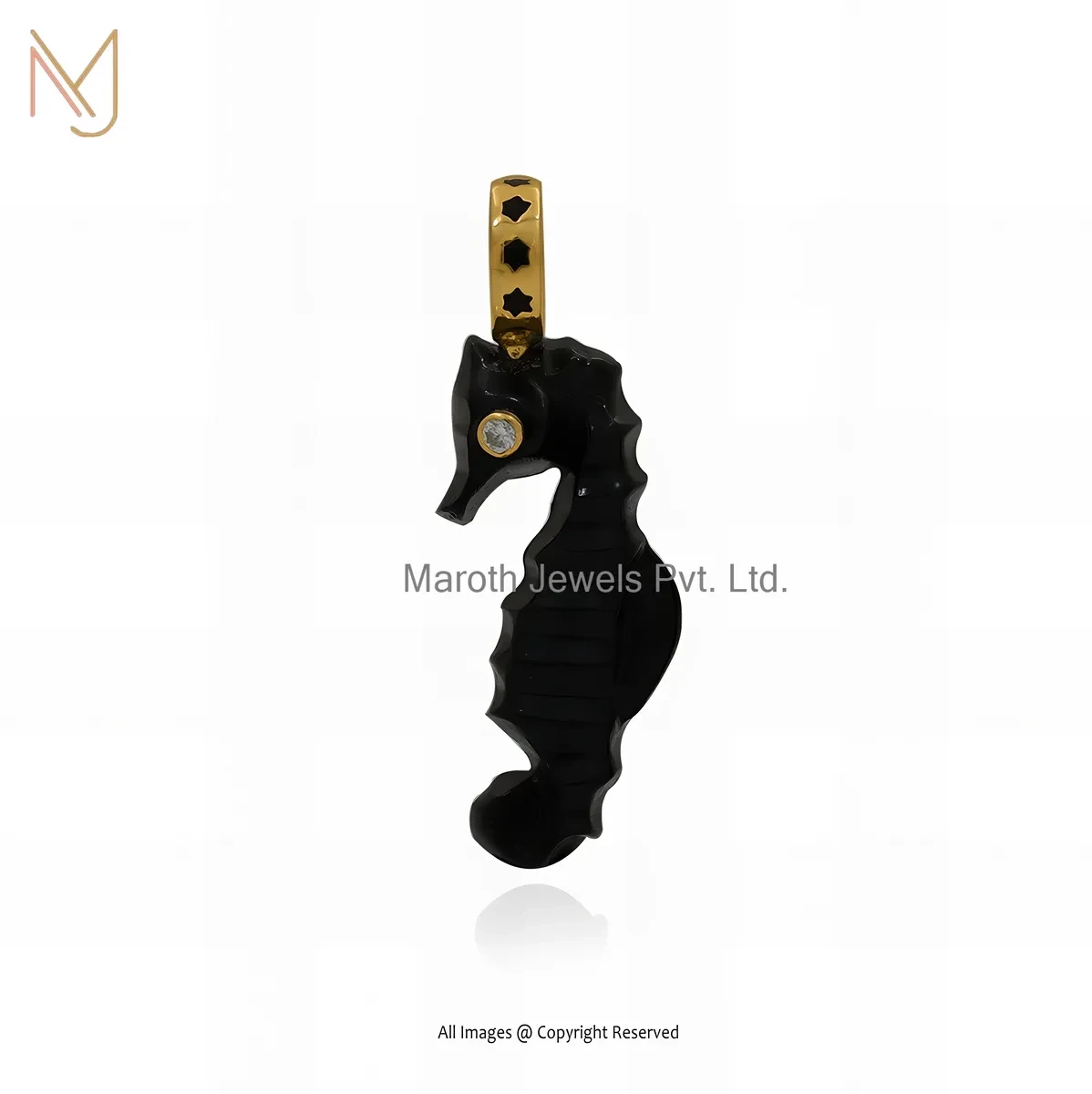 925 Silver Yellow Gold Plated Black Onxy & CZ Black Enamel Seahorse Pendant USA