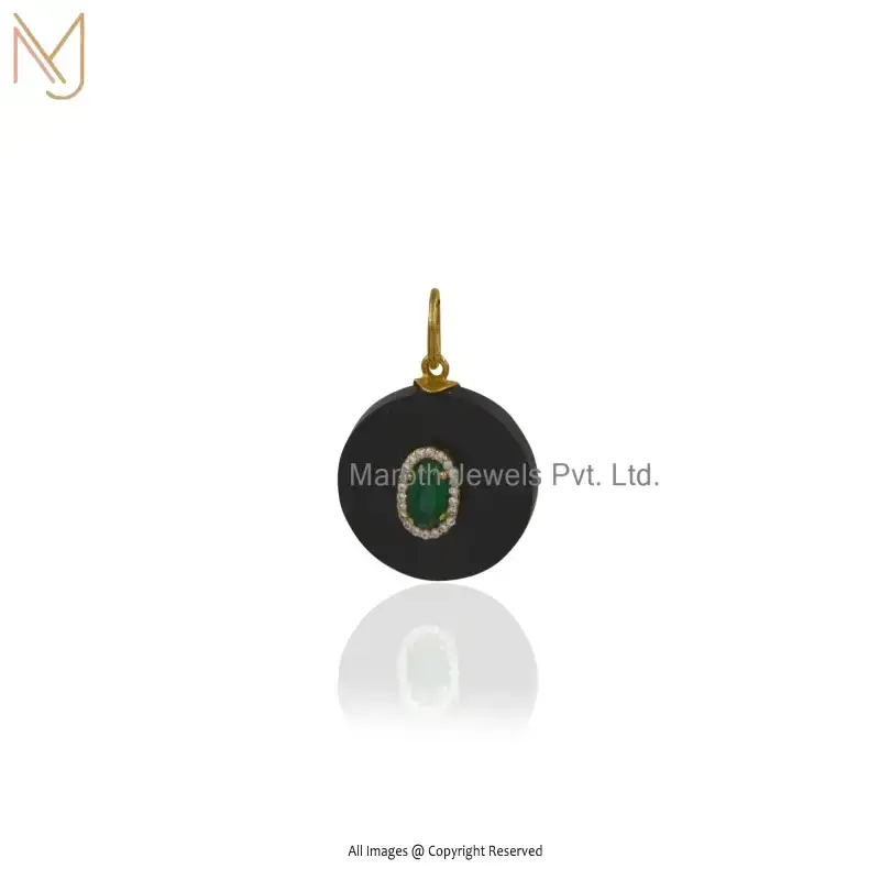 925 Silver Yellow Gold Cubic Zircon & Black Onyx Disc Pendant Custom Jewelry
