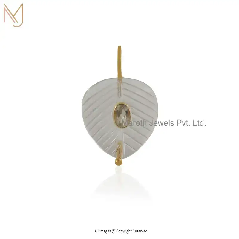 Private Lable 14K Yellow Gold Clear Quartz & White Topaz Gemstone Tambulam Betel Leaf Pendant