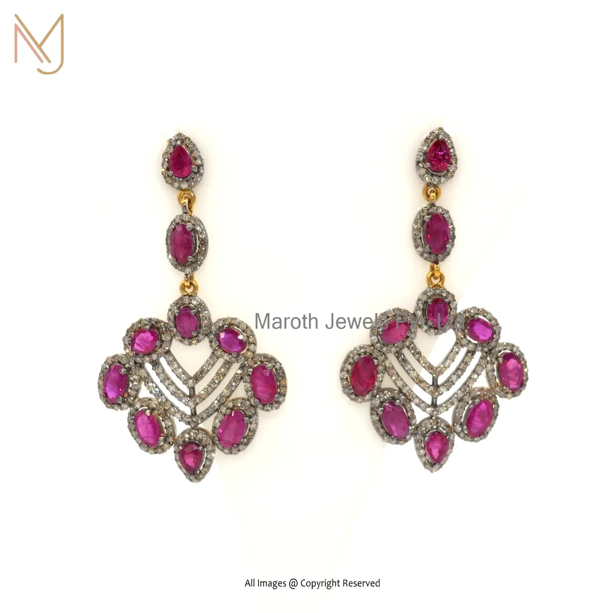 14K Yellow Gold Pave Diamond Ruby Gemstone Dangle Earring Manufacturer