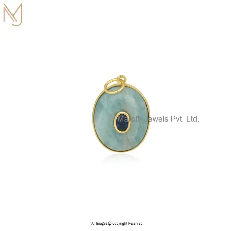 14K Yellow Gold Amazonite & Blue Topaz Oval Handmade Gemstone Pendant Jewelry Supplier