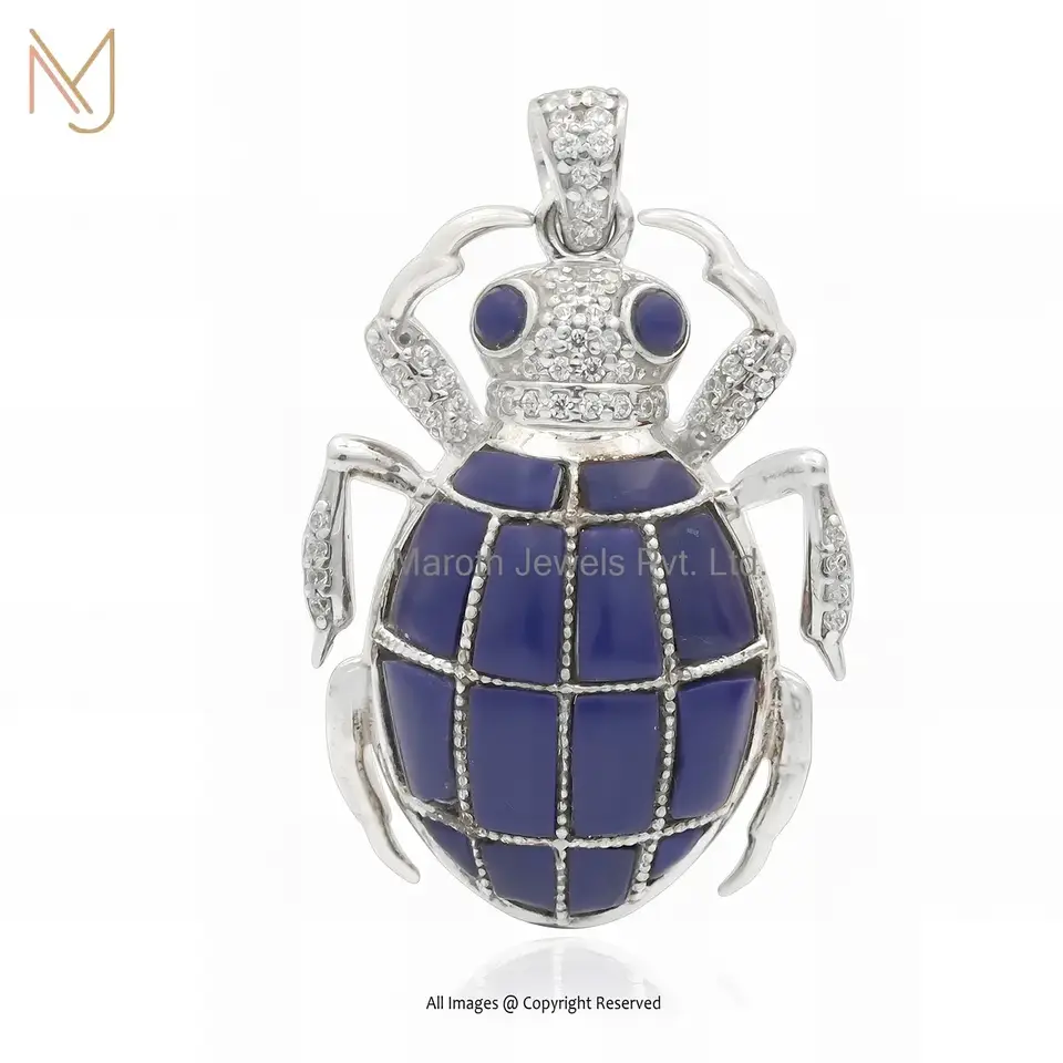 14K Yellow Gold Cubic Zircon & Lapiz Lazuli Gemstone Scarab Charm Pendant USA