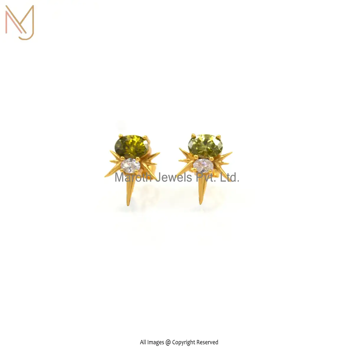 14K Yellow Gold Green & White CZ Earrings Manufacturer