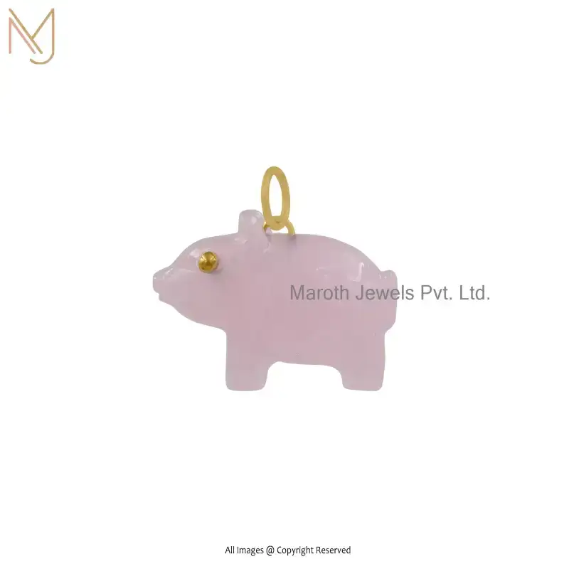 14K Yellow Gold Rose Quartz Pig Charm Pendant Custom Jewelry
