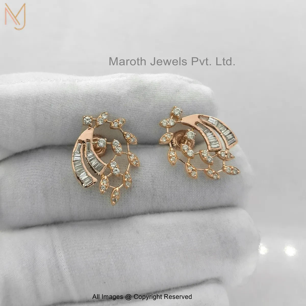 14K Rose Gold Pave Diamond Baguette Stud Earring Jewelry Supplier