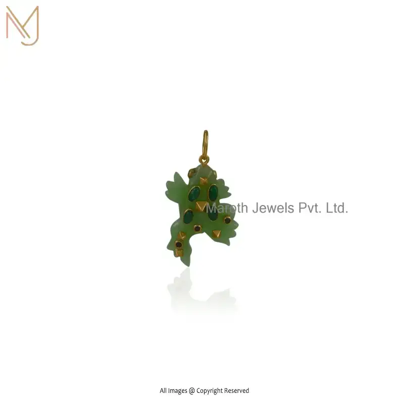 925 Silver Yellow Gold Plated Green Opal & Malachite And Black Spinel Evil Eye Gemstone Frog Pendant USA