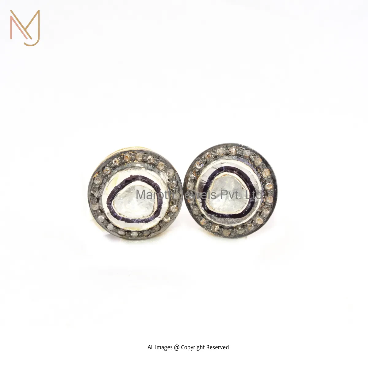 925 Silver Rhodium Yellow Gold Plated Pave Diamond Rose Cut Polki Diamond Stud Earring Custom Jewelry