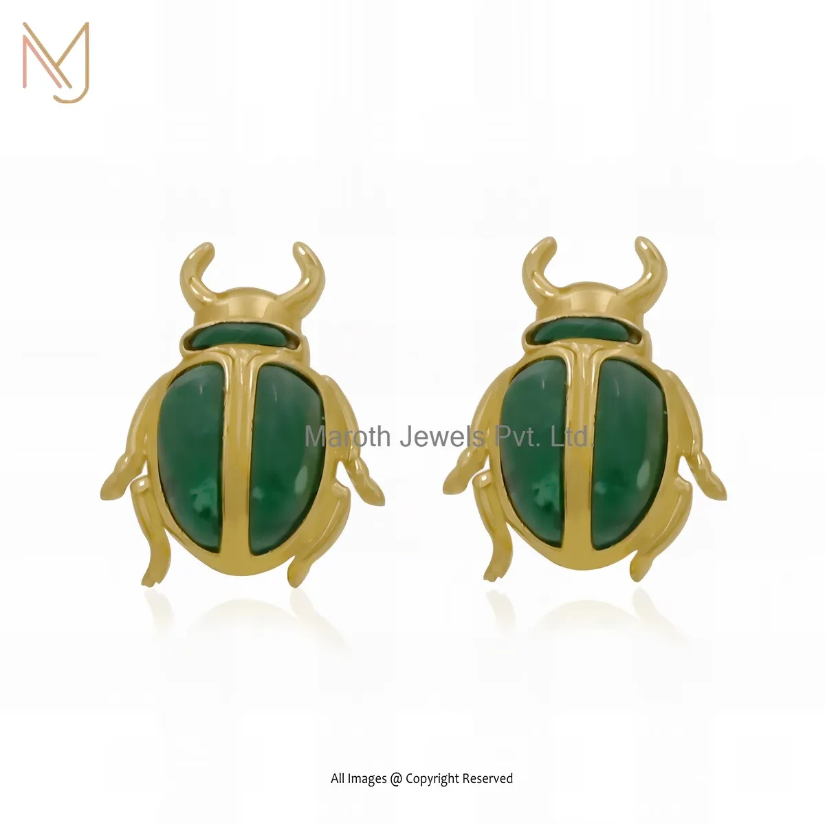 925 Silver Yellow Gold Plated Malachite Scarab Stud Earring Jewelry Supplier