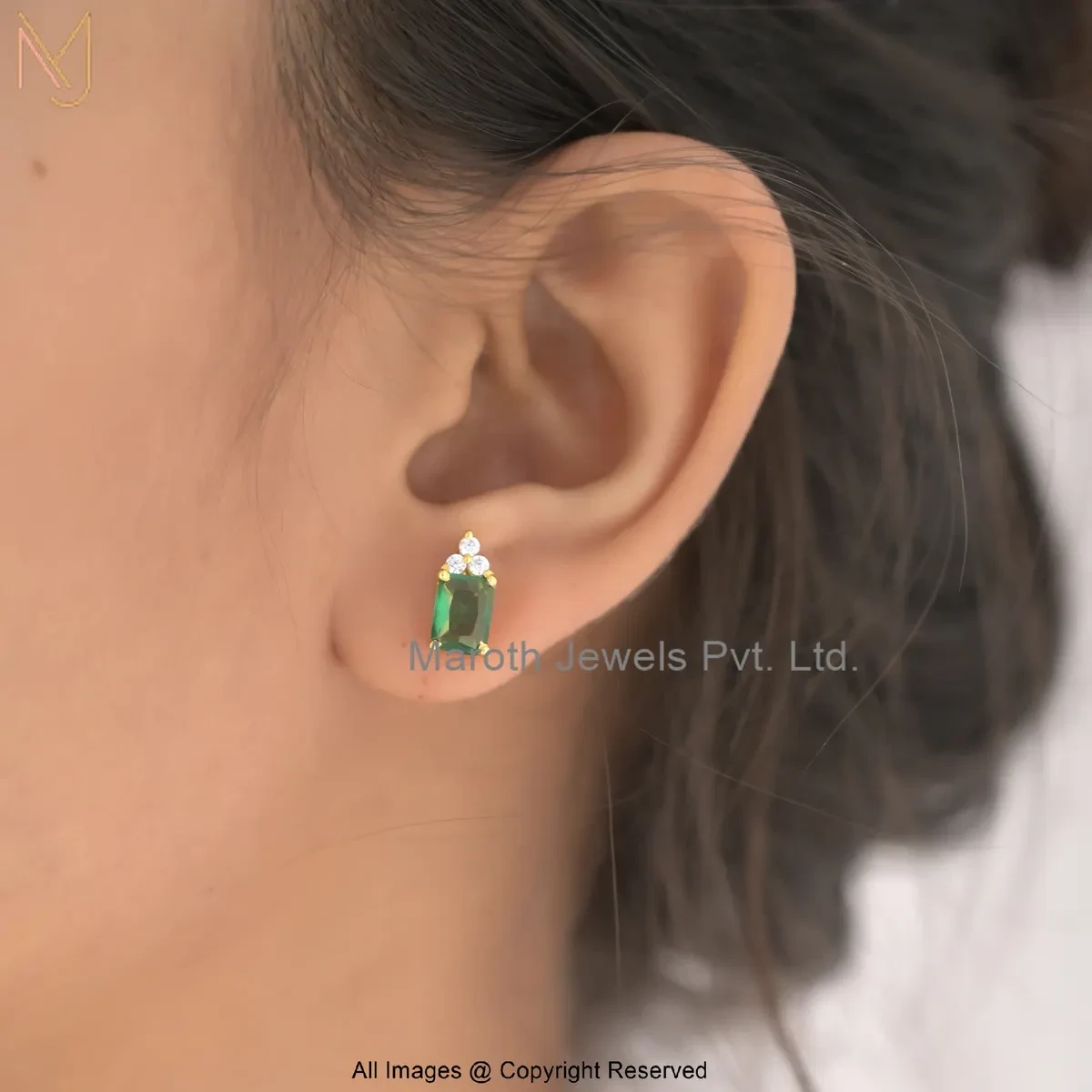 14K Yellow Gold Cubic Zircon Emerald Stud Earring Jewelry Supplier