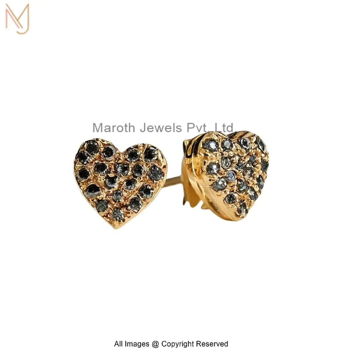 925 Silver Yellow Gold Plated Black Cubic Zircon Heart Stud Earring Jewelry Supplier