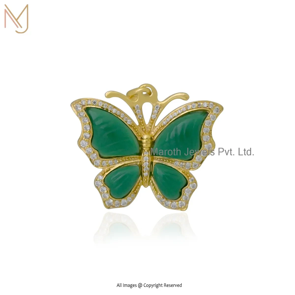 Private Lable 925 Silver Yellow Gold Plated Green Agate And Moissanite Butterfly Pendant