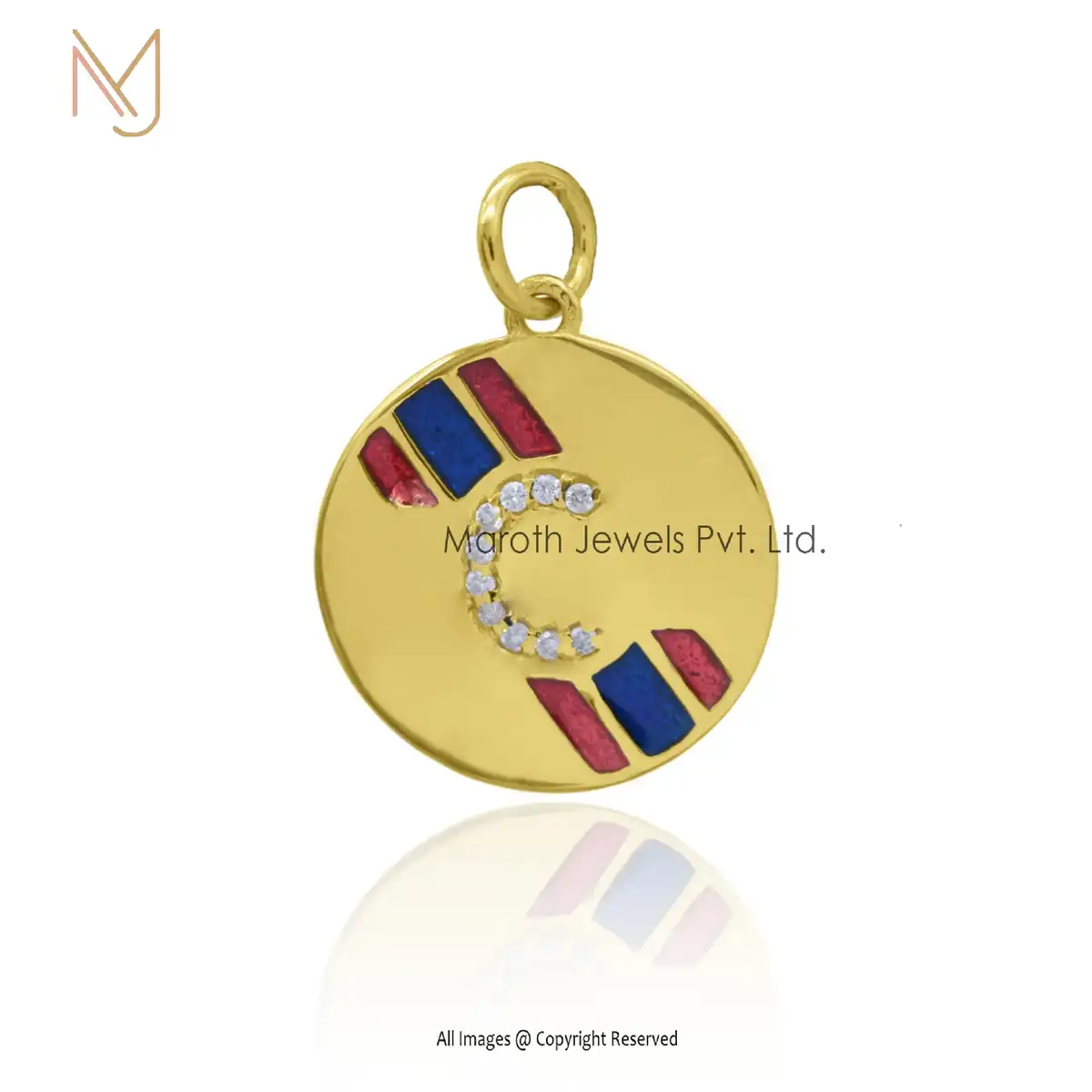 Private Lable 14K Solid Yellow Gold Pave Diamond Red And Blue Enamel C Initial Monogram Pendant Jewelry