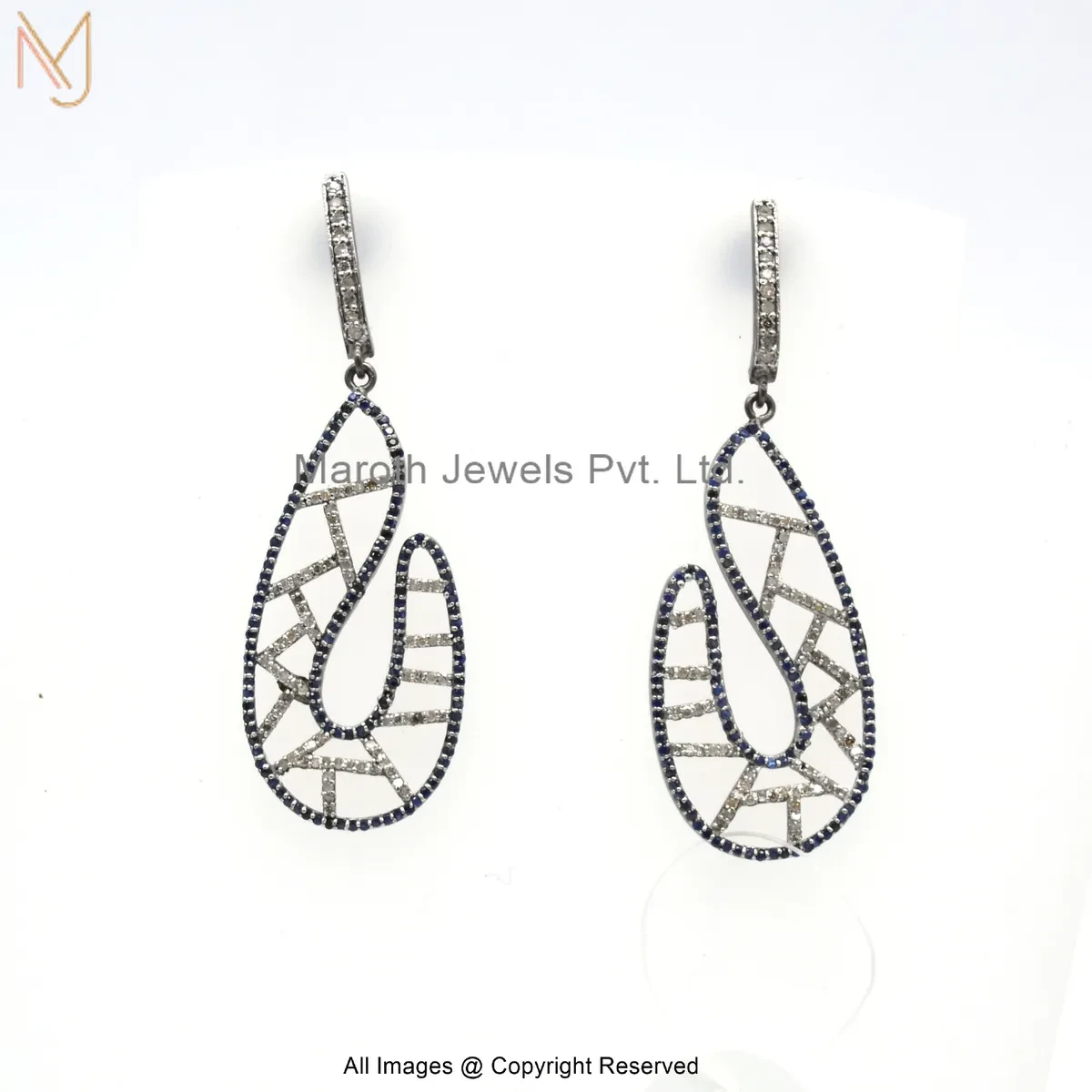 14K White Gold Blue Sapphire Pave Diamond Drop Earrings Manufacturer