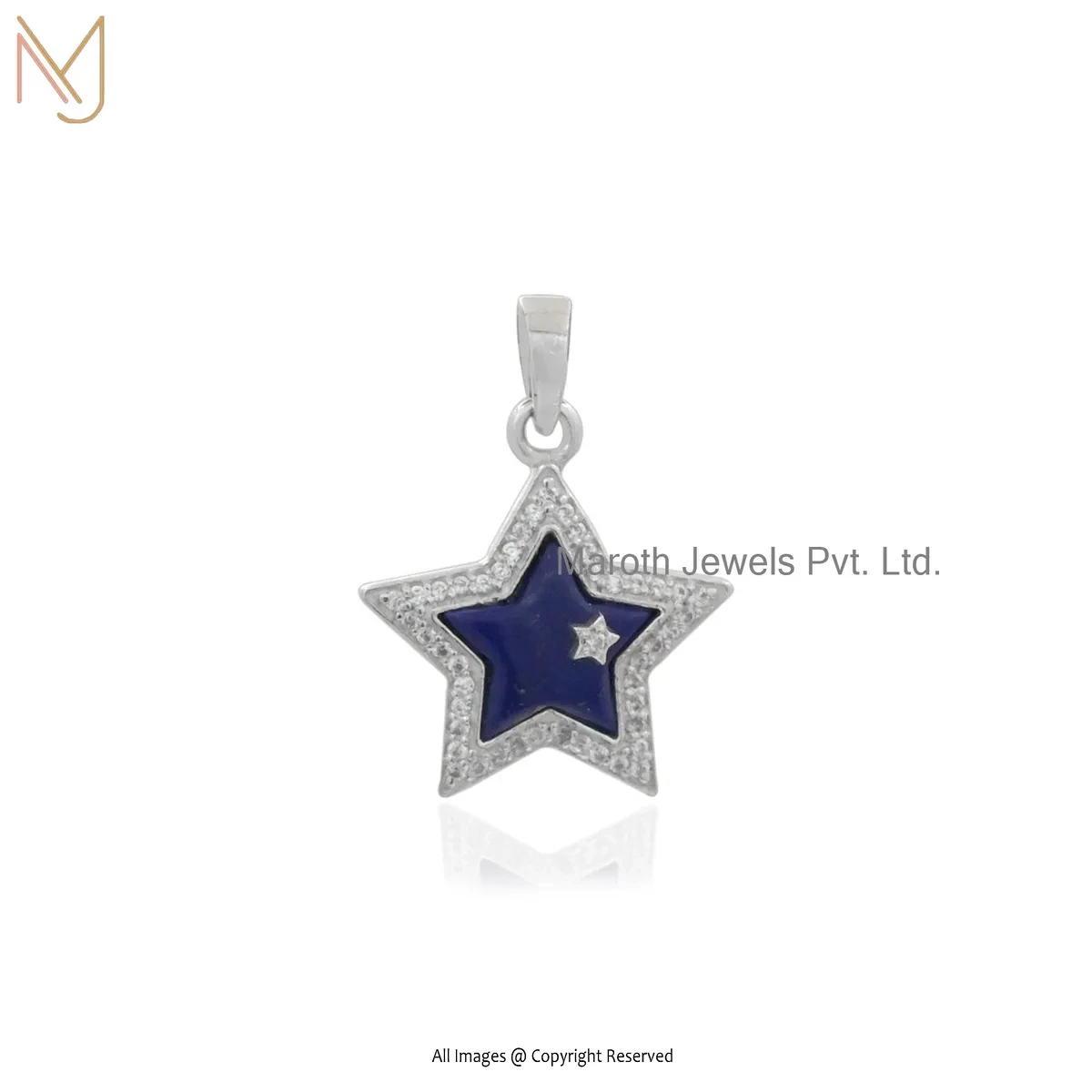 14K White Gold Cubic Zircon & Lpaiz Lazuli Star Pendant Custom Jewelry