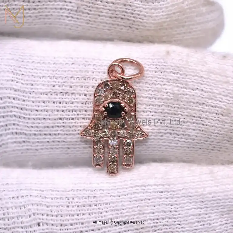 925 Silver Yellow Gold Plated Cubic Zircon & Ruby Gemstone Hamsa Pendant Jewelry Manufacturer
