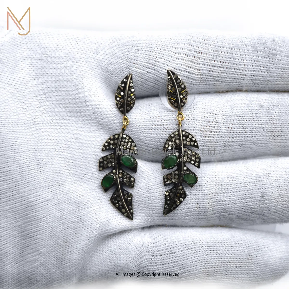 Private Lable 925 Silver Yellow Gold Plated Pave Diamond Emerald Gemstone Leaf Style Dangle Earring