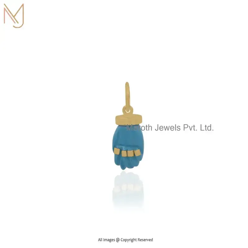 Private Lable 14K Yellow Gold Turquoise Gemstone Figa Hand Symbol Pendant