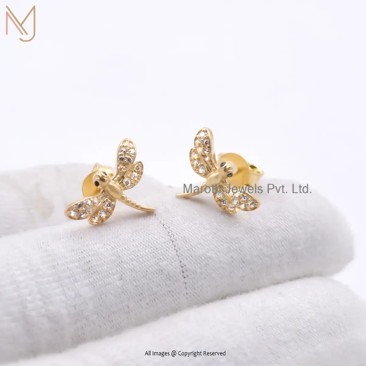 Wholesale 925 Silver Yellow Gold Plated Cubic Zircon & Blue Sapphire Gemstone Dragonfly Stud Earring
