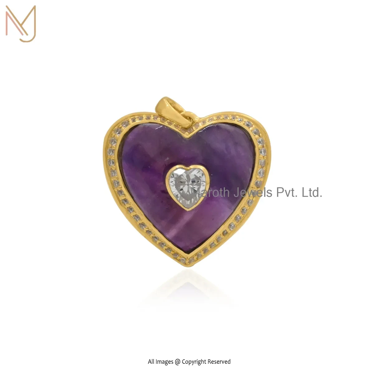 14K Yellow Gold Amethyst & Cubic Zircon Heart Pendant Manufacturer