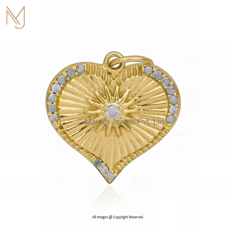 Wholesale 14K Yellow Gold Diamond & Cubic Zircon Fluted Heart Pendant