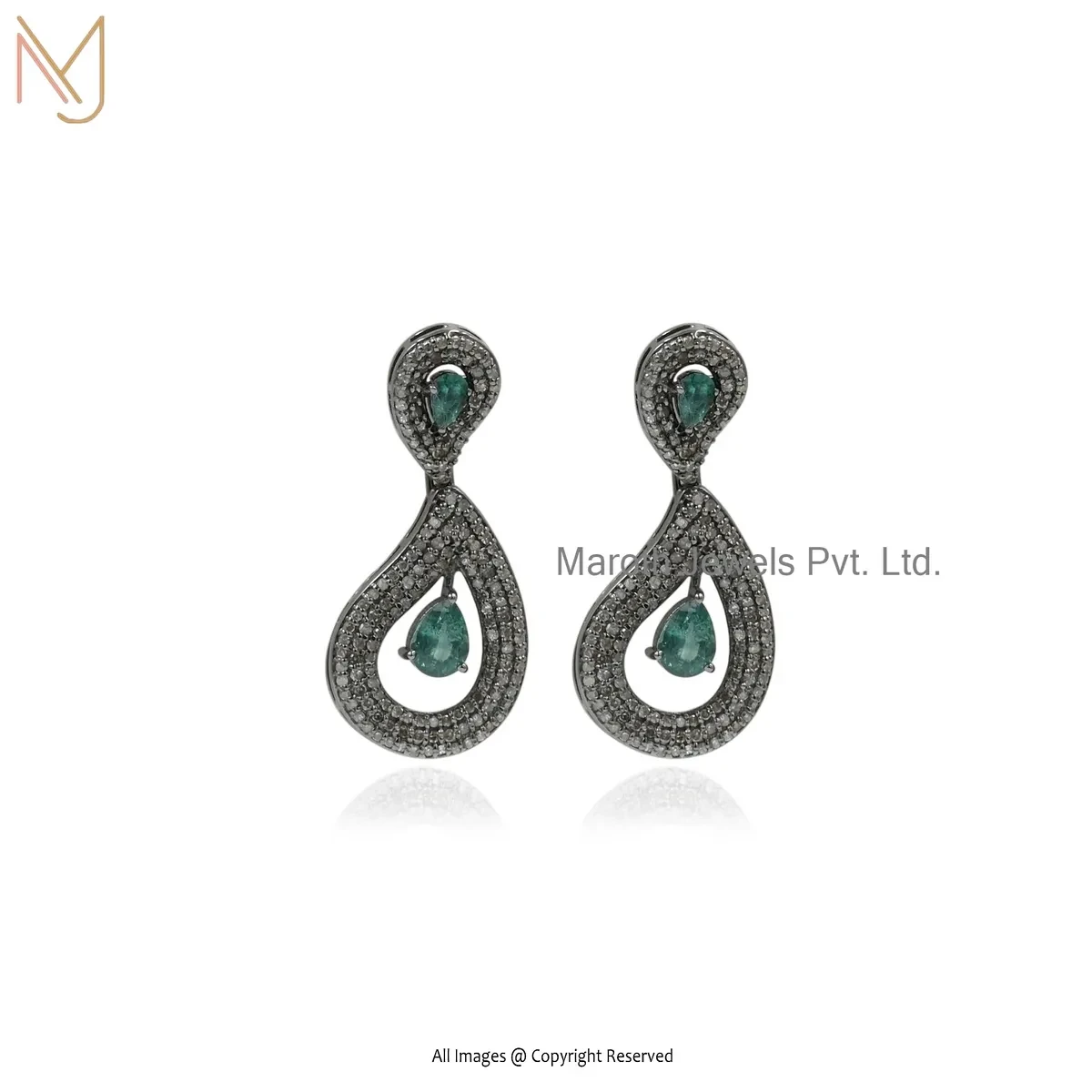 Wholesale 14K Yellow Gold Pave Diamond And Emerald Gemstone Drop Earring